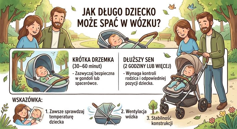 Infografika pokazująca zalecany czas snu dziecka w wózku oraz zasady sprawdzania temperatury i wentylacji.